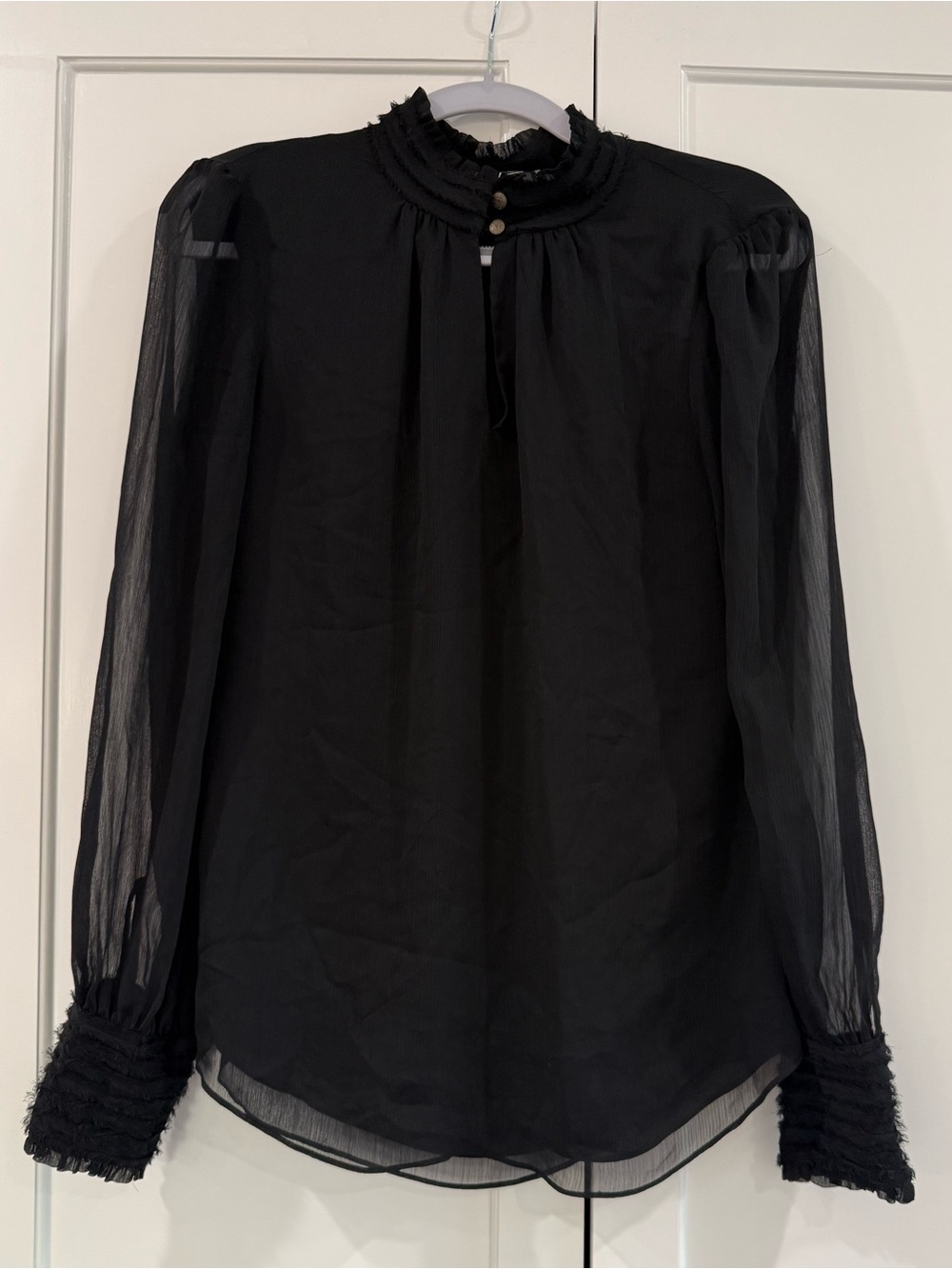 White House Black Market Black Ruffled High-Neck Sheer Sleeve Blouse